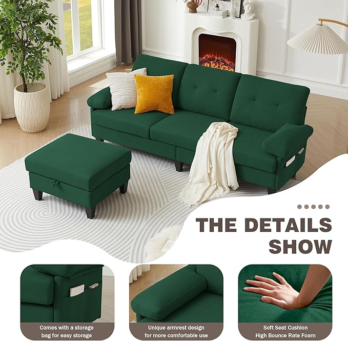 84 Convertible Sectional Sofa Modern Linen Fabric Small L Shaped Couch with Reversible Chaise 3-Seat Sofa Couches for Living Room Apartment and Small SpaceGreen