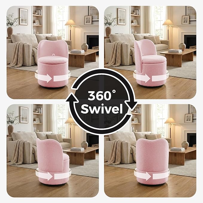 Vanity Chair with Storage Sherpa 360° Swivel Makeup Chair with Back Modern Swivel Accent Stool Barrel Chair Upholstered Ottoman Vanity Stool with Back for Bedroom Dressing Living Room Pink