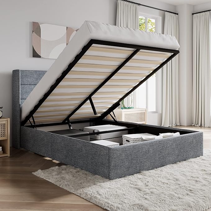 SHA CERLIN Full Size Lift Up Storage Bed/Modern Wingback Headboard/Upholstered Platform Bed Frame/Hydraulic Storage/No Box Spring Needed/Wood Slats Support/Grey Blue