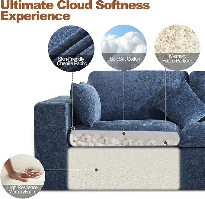 155''Cloud Boneless Sectional Couch Modular Sectional Sofa Deep Seat Oversized Upholstered Convertible Comfy 4 Seater Chenille Memory Foam Sofa Couches for Living Room Blue