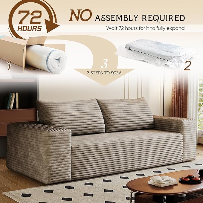 Cloud Loveseat Sofa Corduroy Boneless Couch with High Density Memory Foam Comfy Small Foam Couch in a Box No Assembly Modern Floor Compressed Sofa for Living Room Bedroom Small Space(63WCamel)