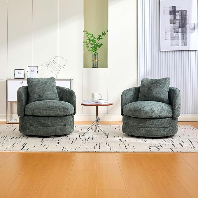 360° Small Swivel Accent Chair Round Swivel Barrel Chair with Round Backrest &amp Wide Seat Comfy Chenille Barrel Chairs for Living Room Bedroom Easy 15-Min Assembly Boucle (Green)