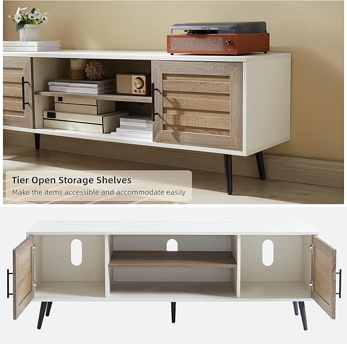 EDYO LIVING Mid Century Modern TV Stand for 65 TV Wood TV Stand with Storage Cabinet and Open Shelf Entertainment Center TV Console Table for Living Room White Walnut