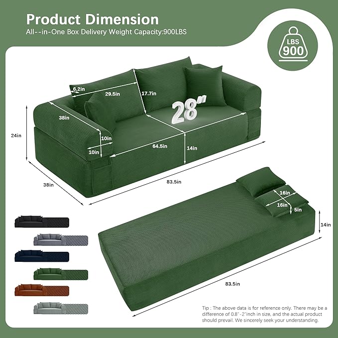 83 Modern Sofa in a Box No Assembly Oversized 3 Seater 28 Deep Seat Cloud Sofa Bed Couch with 4 Furry Pillows &amp Corduroy Fabric Boneless Couch with Side Storage Pockets for Living Room Green