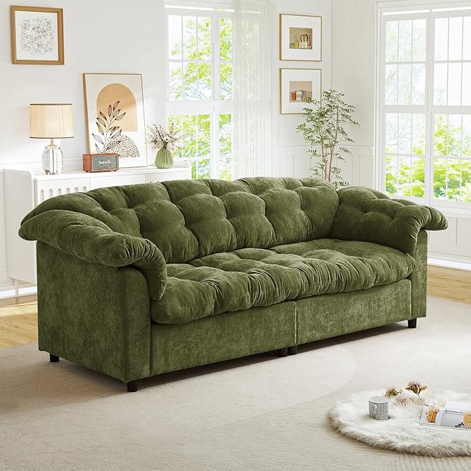 Modern Sofa Couch 94.8 W Chenille Tufted Fluffy Comfy Cloud Couch with Tutfted Design &amp Armrest Pillowchenilles Upholstered Oversized Loveseat Sofa for Living Room Bedroom Office Green