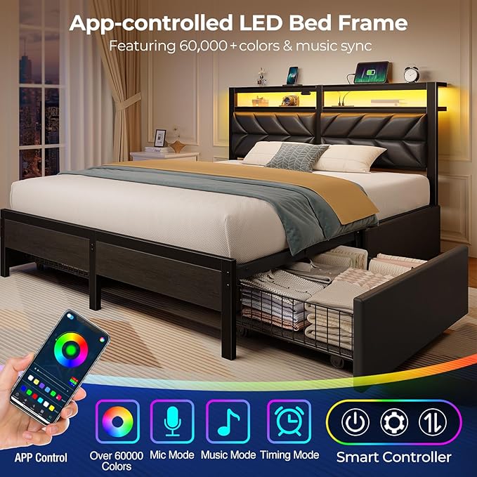 Seventable Queen Bed Frame with 4 Storage Drawers Charging Station &amp LED Lights Upholstered Headboard with 2-Tier Shelves Metal Platform Bed No Box Spring Needed Noise-Free Black