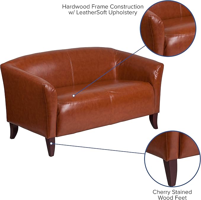 EMMA + OLIVER Cognac LeatherSoft Loveseat with Cherry Wood Feet