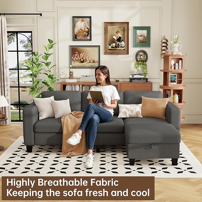 ZeeFu Sectional Sofa Couch with Storage Ottoman 78 L Shaped Modular 3 Seater Couches for Living Room Modern Linen Fabric Set for Small Space Apartment Office