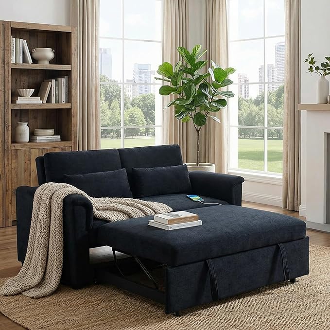 Sofa Bed Pull Out Couch with Side Pockets 3 in 1 Velvet Loveseat Sleeper Sofas Beds with USB Ports Sofa Bed Couch with Adjustable Backrest for Living Room Bedroom Apartment Black Blue
