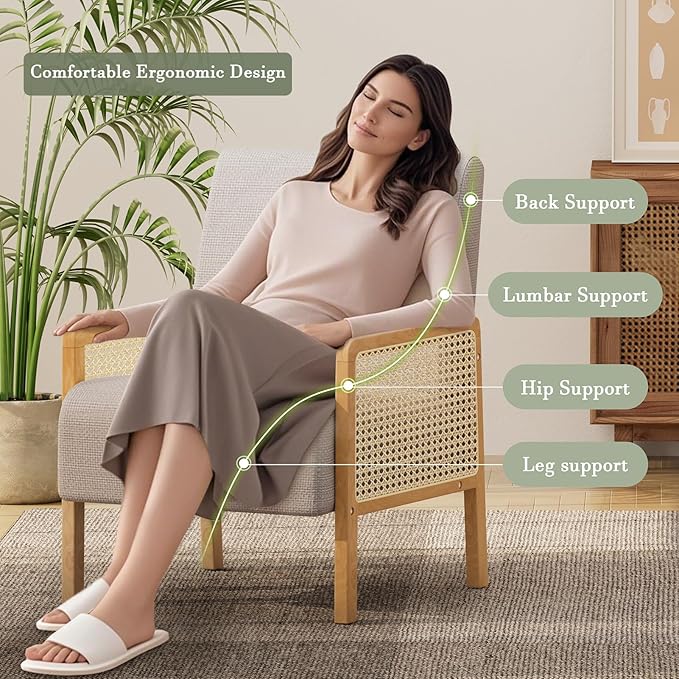 Rattan Accent Chair Set of 2 with Rattan Arms Mid Century Modern Chair for Living Room Linen Upholstered Comfy Chair for Bedroom Reading Room Home Office Brown