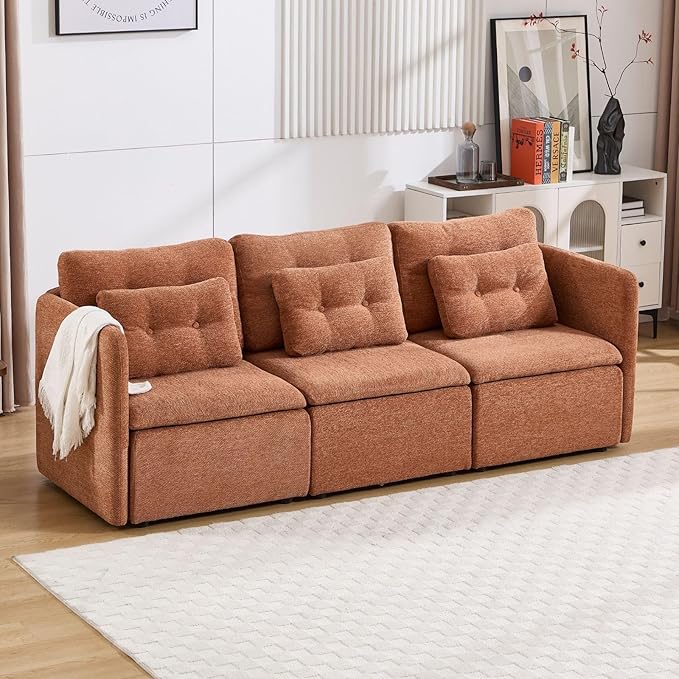 LukeAlon Modular Sectional Sofa Couch with Waist Pillow Modern 3 Seater Chenille Sofa Set 82.5 Comfy Upholstered Lounge Sofa Cloud Couches for Living Room Apartment Office Light Brown