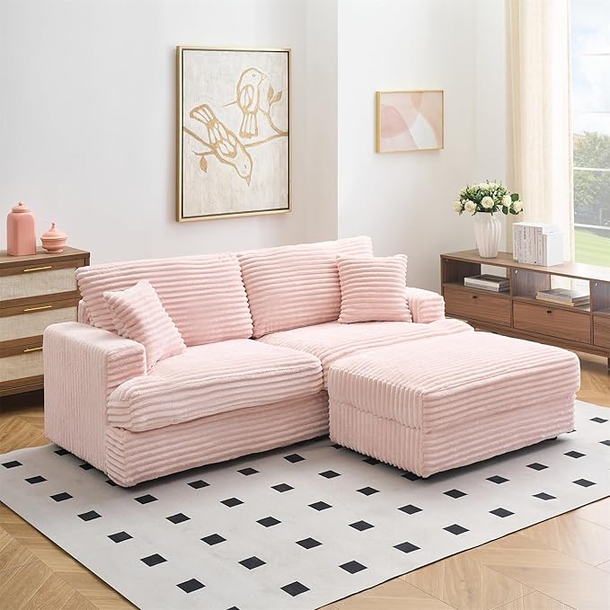 82 Inches Corduroy Square Arms Loveseat Sofa with One Storage Ottoman Comfy Deep Seat Modular Sectional Futon Couch with 4 Throw Pillows for Living Room Bedroom Office (Pink)
