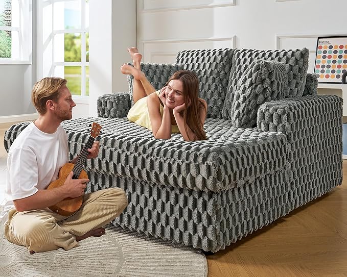VanAcc 58-Inch Plush Sleeper Chair with Throw Pillows Upholstered Chaise Lounge &amp Sofa Bed with Armrests for Living Room Ash Grey