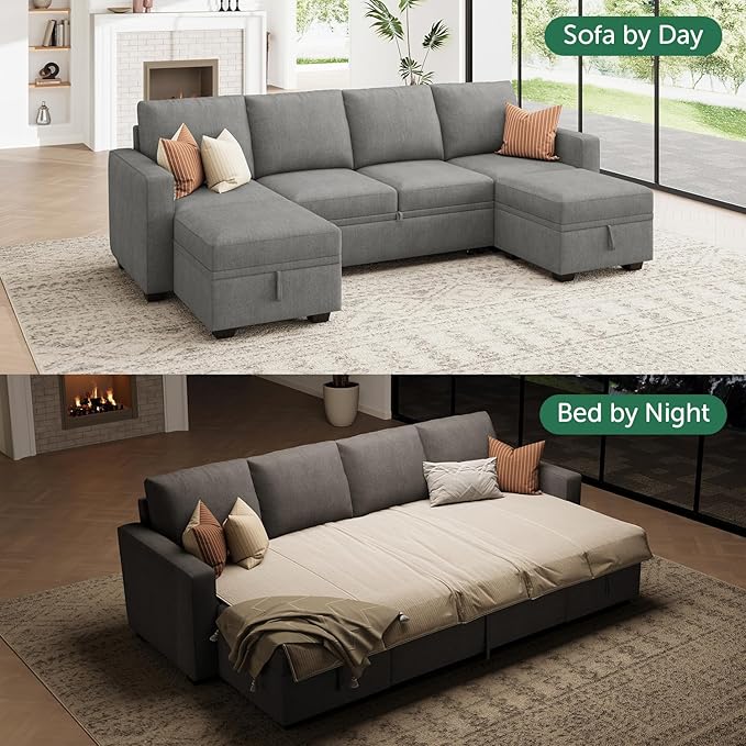 HONBAY Modular Sectional Sleeper Sofa Bed Chenille Pull Out Couch with Storage Ottoman U Shaped Sectional Couches for Living Room Warm Grey
