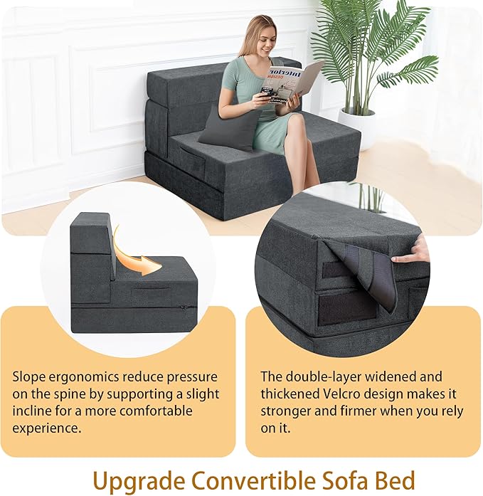 Folding Sofa Bed Chair with PillowConvertible Fold Out Chair Bed SleeperFoam Floor Mattress Foldable Futon Couch Bed for Living Room/Dorm/Guest/Office (Grey Twin)