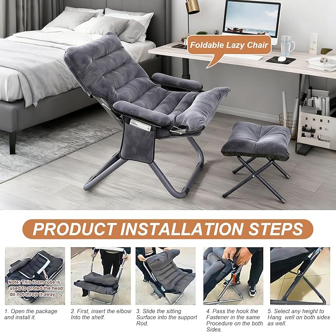 Lazy Chair with Ottoman Modern Lounge Accent Chair with Armrests and Side Pocket Leisure Sofa Armchair Reading Chairs with Footrest for Living Room Bedroom Dorm &amp Office Gray