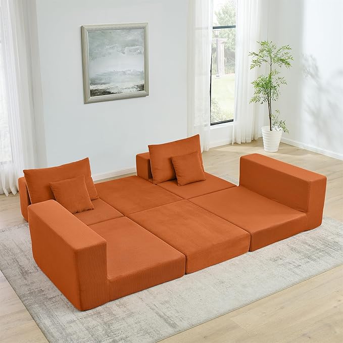 Boneless Couches for Living Room Modern Corduroy Couch Convertible Sleeper Sofa Folding Sofa Bed Mattress Couch for Bedroom Small Spaces - No Assembly Needed in Orange