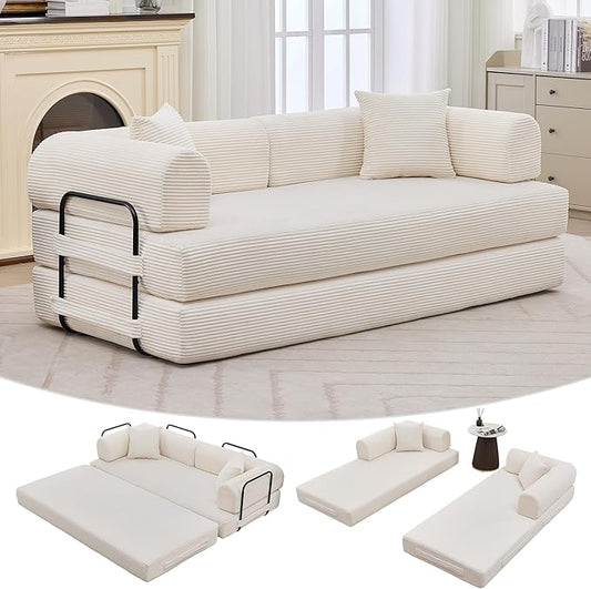 GarveeHome 79 Convertible Sleeper Sofa Bed Couch 4-in-1 Boneless Corduroy Folding Sofa Bed with Pillow &amp Fixed-Shape Floor Mattress Couch Loveseat for Living Room Apartments - No Assembly Beig