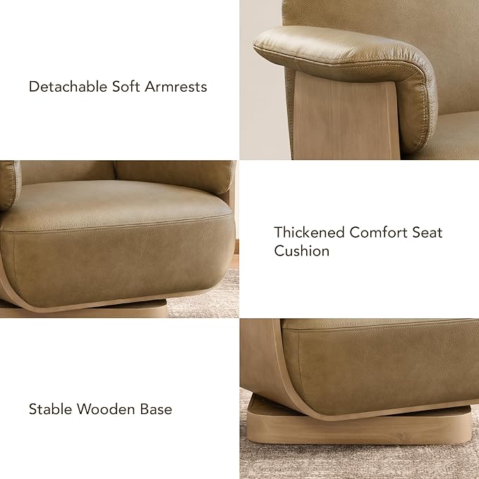 CHITA Genuine Leather Swivel Chair with Storage Ottoman Modern Living Room Accent Chair with Lounge Seat for Bedroom Office Mocha