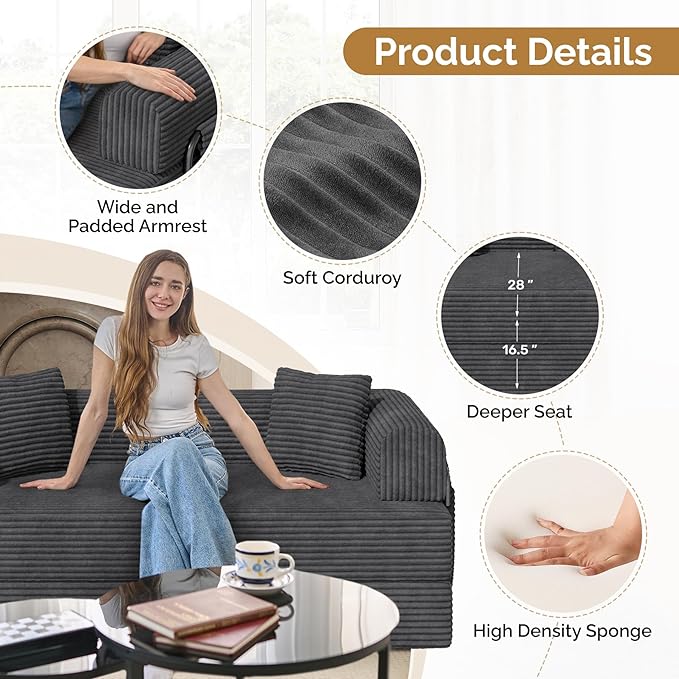 Convertible Coarser Corduroy Sleeper Sofa Bed with Cylindrical Pillow Folding Mattress Couch with Fixed-Shape Frame Floor Sofa Lounge Couch for Living Room Bedroom Lounge Studio Dark Grey