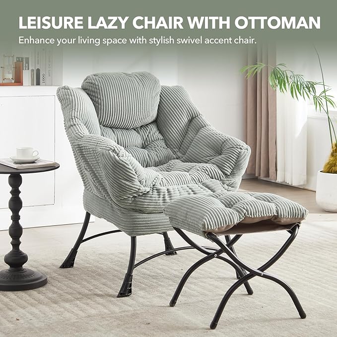 NIOIIKIT Leisure Lazy Chair with Ottoman Corduroy Upholstered Lounge Armchair with Side Pocket Comfy Reading Chair Lazy Sofa Chair for Living Room Bedroom Office (Light Green)