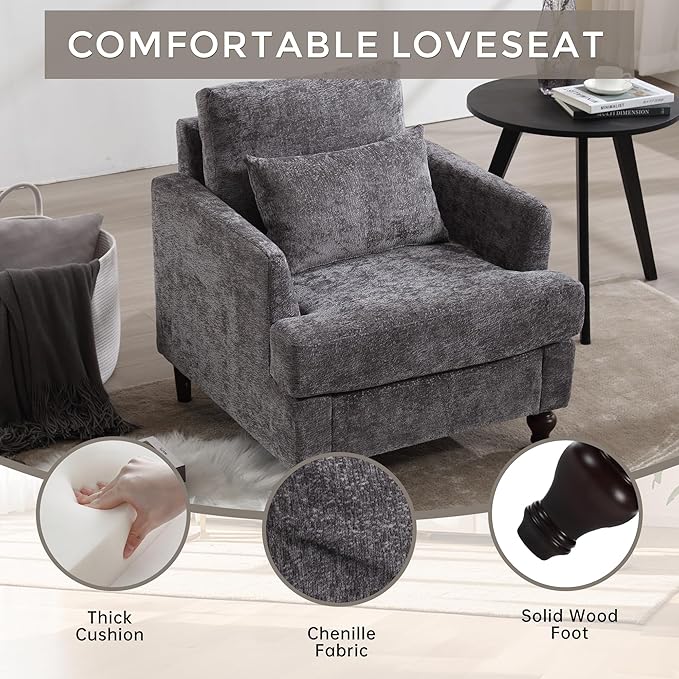 Mid Century Modern Accent Chair with 2 Pillows Chenille Upholstered Armchair with Solid Wood Legs and Thick Cushion Tufted Club Chair Comfy Reading Chair Lounge Chair for Living Room Bedroom Grey