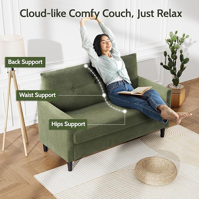 WEUP 50 Small Loveseat Sofa Small Couch for Living Room Bedroom Office Green Corduroy Comfy Love Seat with Spring Cushion Solid Wood Frame Tool-Free Assembly Green Corduroy