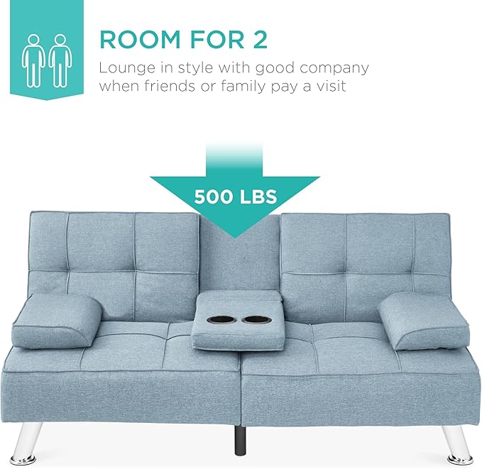 Best Choice Products Linen Modern Folding Futon Reclining Sofa Bed for Apartment Dorm w/Removable Armrests 2 Cupholders - Light Blue