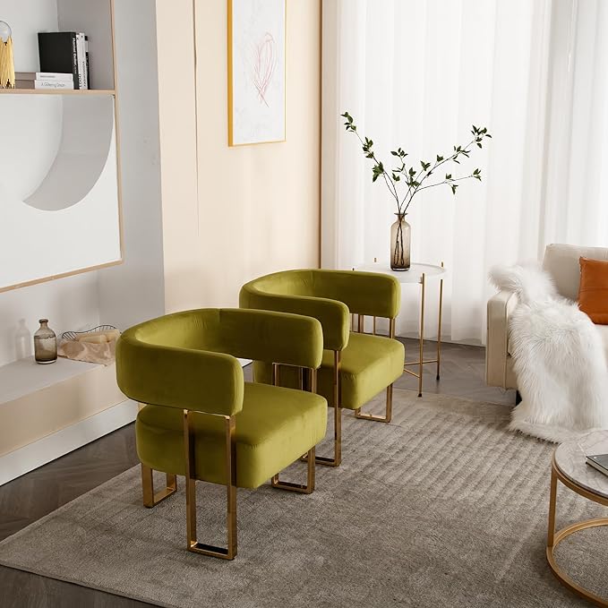 Modern Barrel Accent Chair Living Room Side Chair with Golden Metal Legs Soft Velvet Upholstered Reading Armchair for Bedroom/Reception Room/Lounge/Office Olive