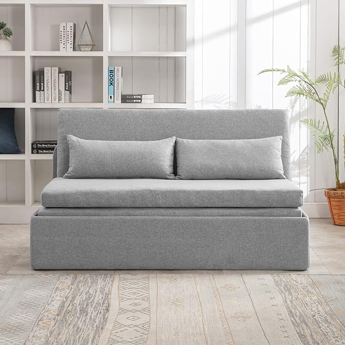 BALUS 61 Queen Sleeper Sofa Bed Pull Out Couch with Pullout Beds 2 in 1 Convertible Linen Loveseat Sofas Sleepers with Pillows Tri-fold Mattress for Small Space Office Apartment Loft Light Grey