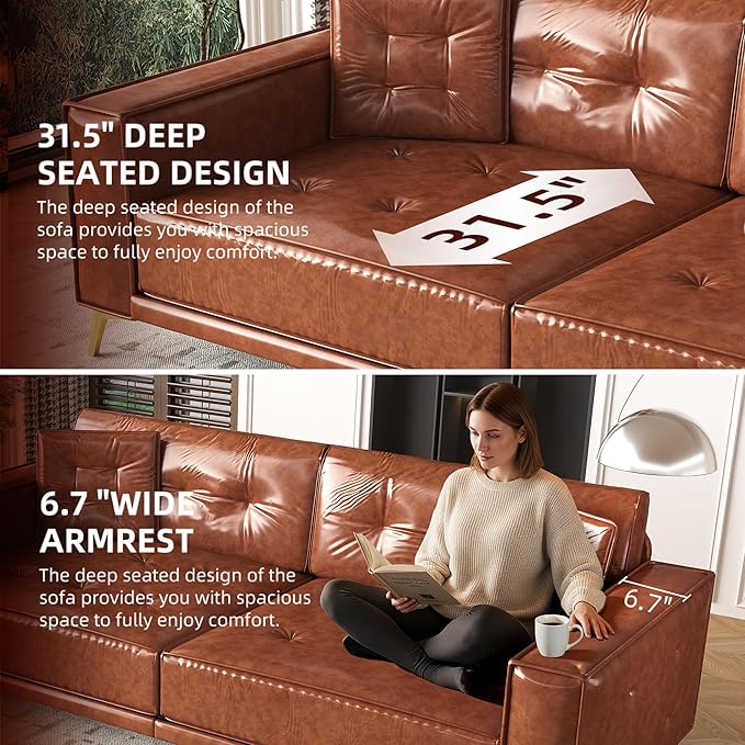 92.1'' King Pull Out Sofa Bed Convertible Futon Couch 3-in-1 Faux Leather Sleeper Sofa with Tufted Back 2 Pillows Gold Legs Deep Folding Loveseat for Living Room Apartment Light Brown