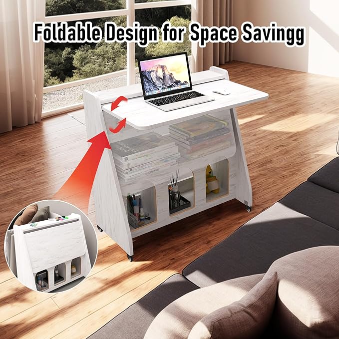 Pmnianhua Farmhouse Portable Desk on WheelsMobile WorkstationRolling Computer Desk with Wheels and Storage for Home Office Small Space(White)
