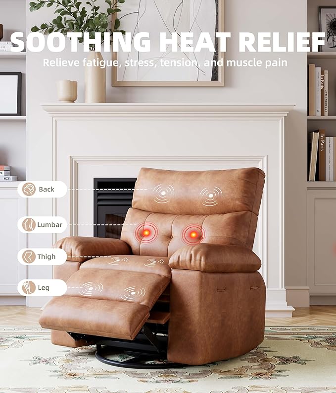 GarveeHome Power Rocker Swivel Recliner Chair - Heat and Massage PU Leather Electric Glider Rocking Chair with USB Port Glider Recliner Nursery Chair for Living Room Bedroom Nursery