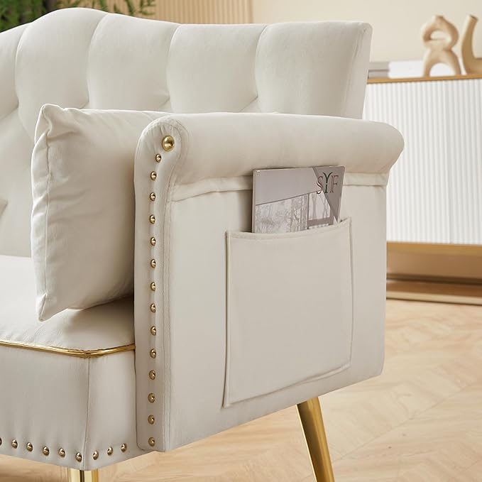 55-Inch Modern Velvet Loveseat Sofa with Gold Metal Legs &amp Side Pockets Tufted Backrest Perfect for Living Room Bedroom or Office (Modern Beige)