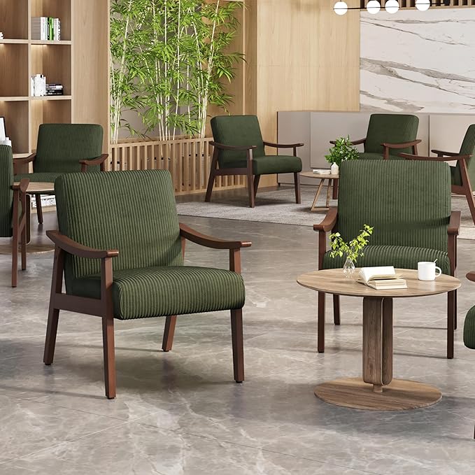 Yaheetech Corduroy Accent Chair Mid-Century Modern Armchair with Solid Wood Legs Reading Leisure Chair with High Back for Living Room Bedroom Waiting Room Set of 2 Dark Green