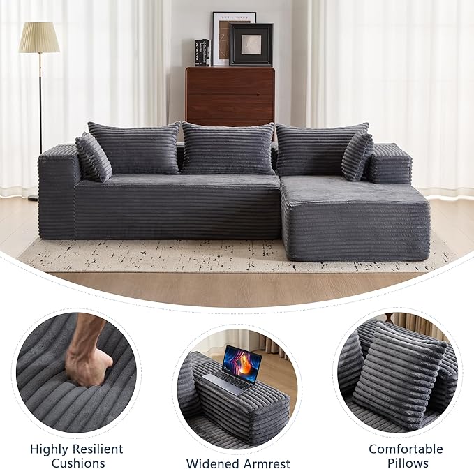 107 Modular Sectional Couch with L-Shape ChaiseBoneless Sofa for Living RoomModern Cloud Couch with Deep SeatNo Assembly RequiredLovesetGrey(Right Facing Chaise)