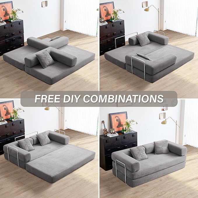 YINIX Foldable Sofa Bed 78'' Folding Floor Couch Compressed Convertable Sleeper Sofa Memory Foam Couch with Pillow Back Support Armrest 4-in-1 Futon Sofa Bed for Living Room Grey