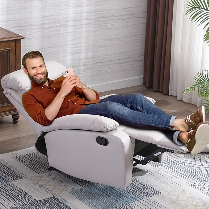 Manual Recliner Chairs for Adults Small Recliners for Small Spaces PU Leather Recliner Chair Single Sofa Living Room Chair for RV Beige