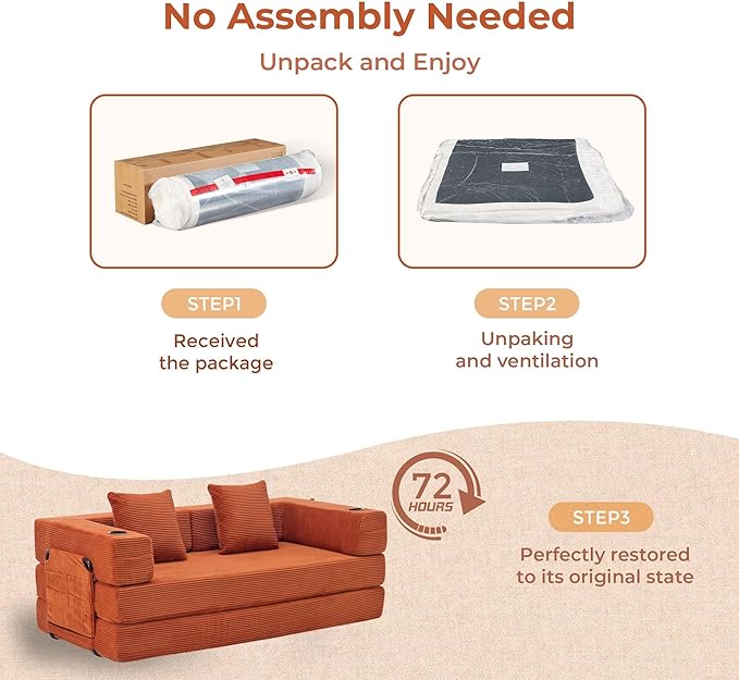 WELAX 72.8 Convertible Sleeper Sofa Bed Boneless Cloud Queen Futon Couches with Cupholders &amp Storage Pockets Corduroy Folding Floor Couch for Bedroom Apartment No Assembly Orange