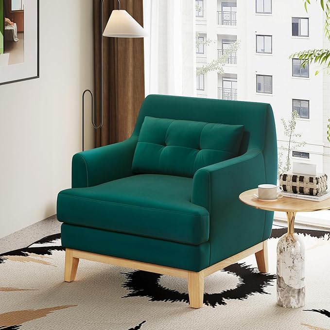 LINSY Accent Chair Large Reading Chair with Rubberwood Base Mid Century Modern Armchair with Lumbar Pillow Cozy Single Sofa Chair for Living Room Bedroom Office Study Velvet Arm Chair Green