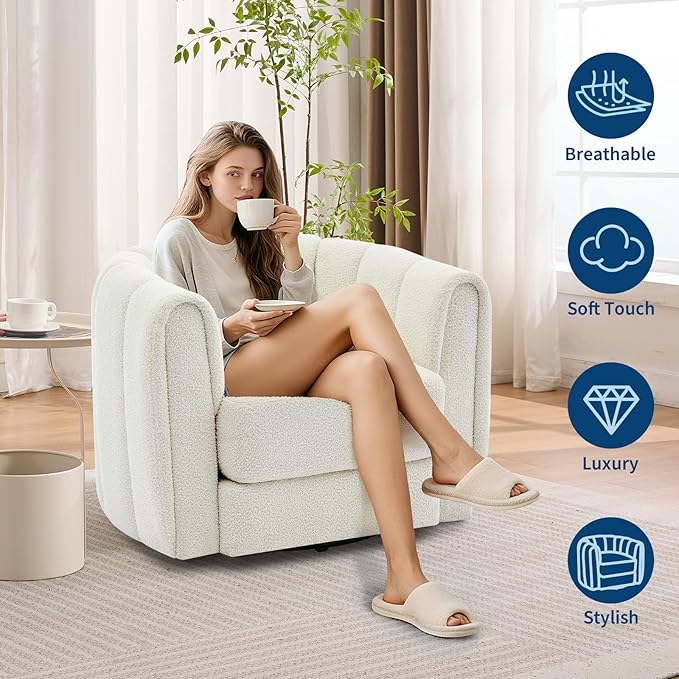 Swivel Barrel Chair - Velvet Upholstered Modern Armchair with Striped Backrest &amp Plush Padding Round Lounge Chair for Living Room Bedroom (Teddy Velvet | Beige (2 PCS))