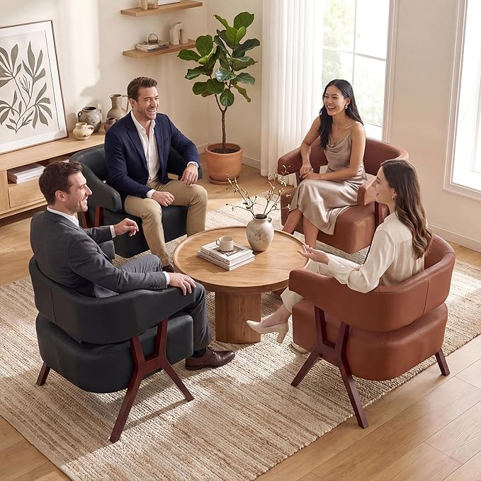 STHOUYN Leather Accent Chairs Barrel Chair with Solid Wood Frame Mid-Century Modern Wooden Armchair with Wraparound Back Comfy Office Reading Chair for Living Room Bedroom (2 Brown)
