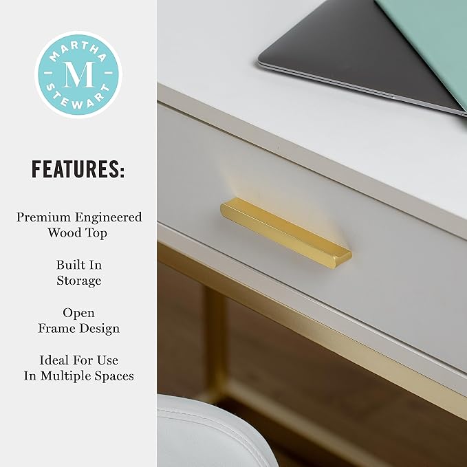 Martha Stewart Ollie Home Office Desk with 3 Drawers in White with Polished Brass Hardware