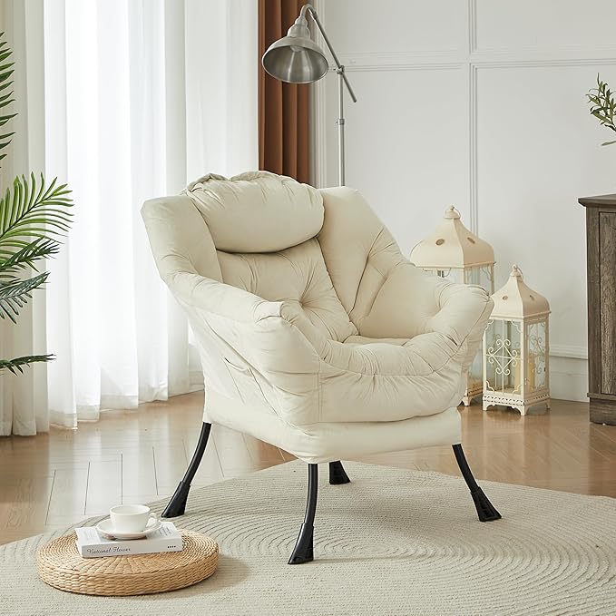 HollyHOME Lazy Chair with Armrest and Side Pocket Comfy Accent Lounge ChairLeisure Sofa Armchair for Living Room Bedroom Dorm or Small Spaces Oversized Reading Sofa ChairVelvet Beige