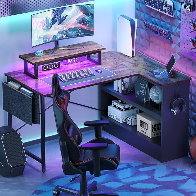 Bestier Small L Shaped Desk with LED Lights 42 Reversible Computer Desk with Open Storage Cabinet &amp Monitor Stand Corner Desk with Side Storage Bag for Home Office Bedroom Rustic Brown