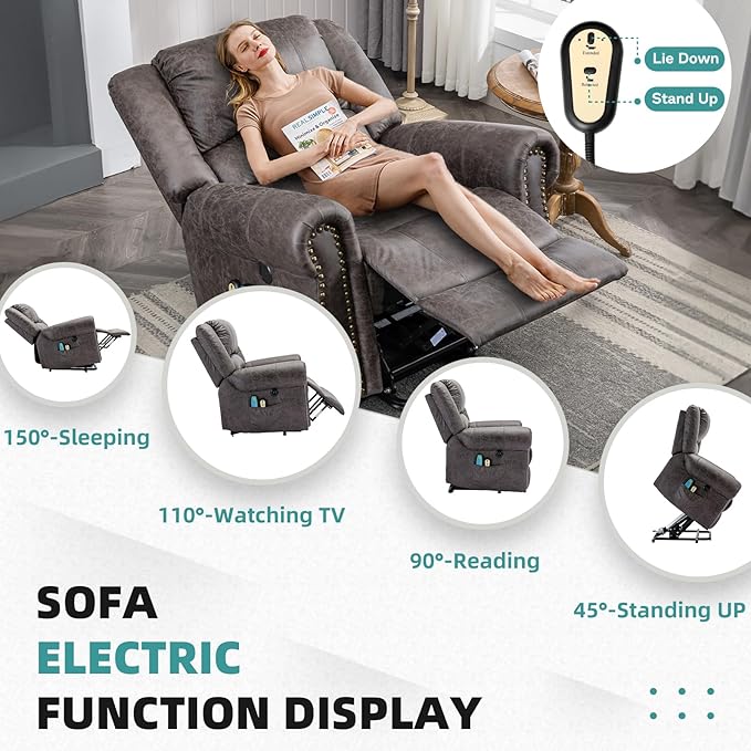 MEETWARM Large Power Lift Electric Recliner Chair with Massage and Heat Overstuffed Wide Recliner for Elderly Heavy Duty Recliner for Living Room with 2 Remote Controls/USB Ports/Side Pockets(Gray)