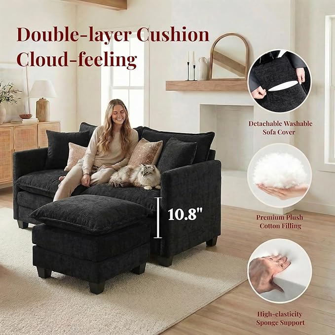 KYJ 50 Loveseat Sofa Couch with Ottoman 2 Seater Couch Small Compact Chenille Cloud Sofa 27 Deep Seat with Detachable Pillow Cover for Bedroom Living Room Dorm Apartment Small Spaces 2-Black-L