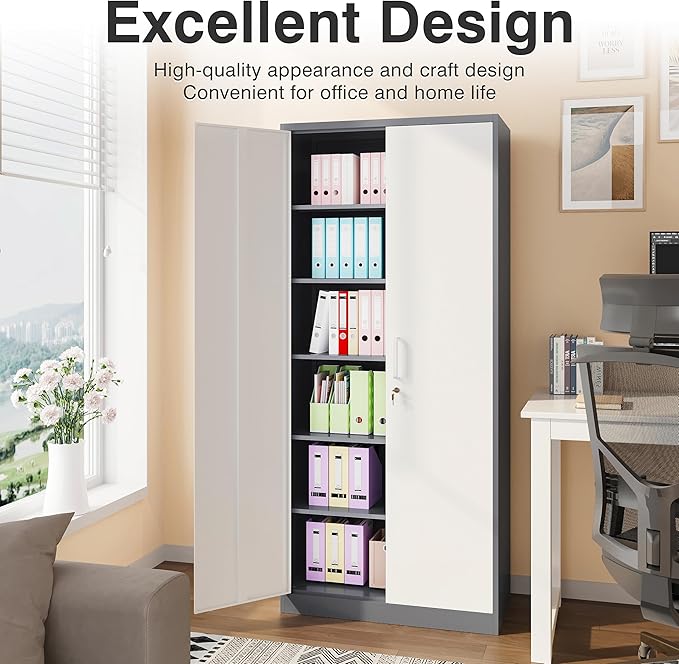 Metal Storage Cabinet with 2 Doors and 6 ShelvesGray White Metal Cabinet with Lock71 Lockable Garage Storage CabinetsLocking File CabinetSteel Tool Cabinets for HomeOfficeGarageShopSchool