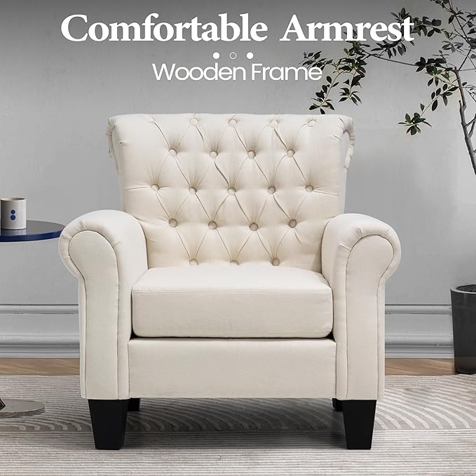 Soft Accent Chair Reading Arm Chair Fabric Living Room Chairs for Bedroom Home Office Single Sofa (Beige)