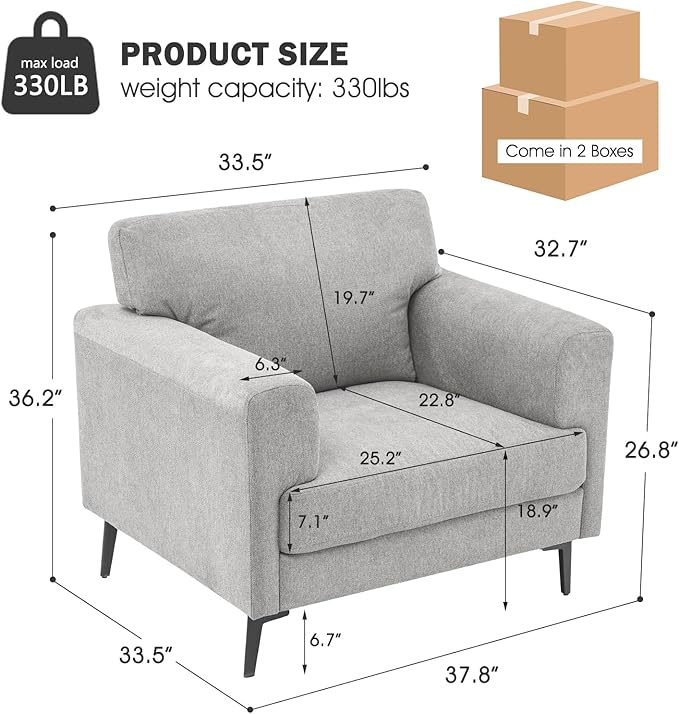 Oversized Accent Chair Upholstered Living Room Chairs Single Sofa Chair w/Metal Legs Comfy Linen Fabric Reading Lounge Armchair for Apartment Bedroom Office Light Grey 1PC